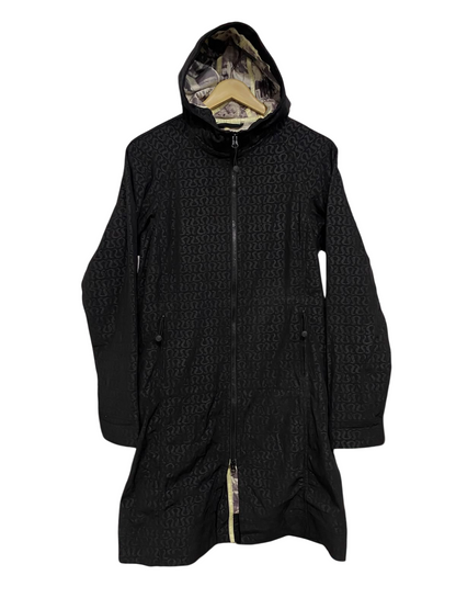 LULULEMON |S| BUST 16| BLACK MONOGRAM ALL-OVER PRINT HOODED LONGLINE ZIP-UP COAT