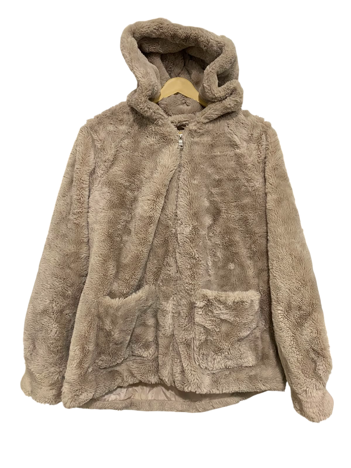 PAPAYA |L| BUST 21| A38| TAUPE PLUSH FAUX-FUR HOODED ZIP-UP JACKET