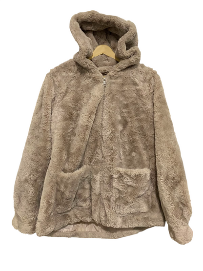 PAPAYA |L| BUST 21| A38| TAUPE PLUSH FAUX-FUR HOODED ZIP-UP JACKET