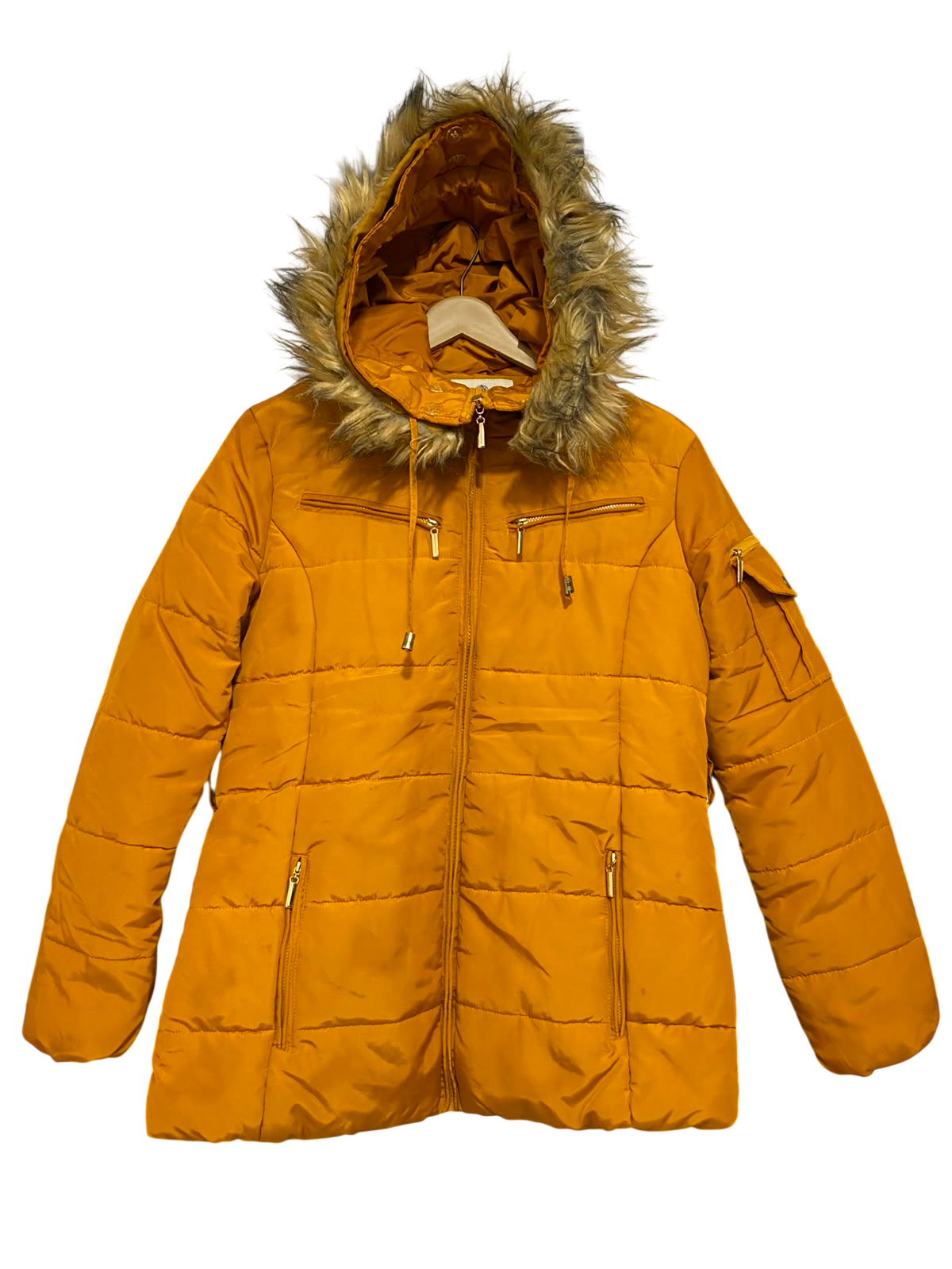 JBC COLLECTION |M| BUST 19| A38| MUSTARD YELLOW FAUX-FUR TRIM HOODED PUFFER JACKET