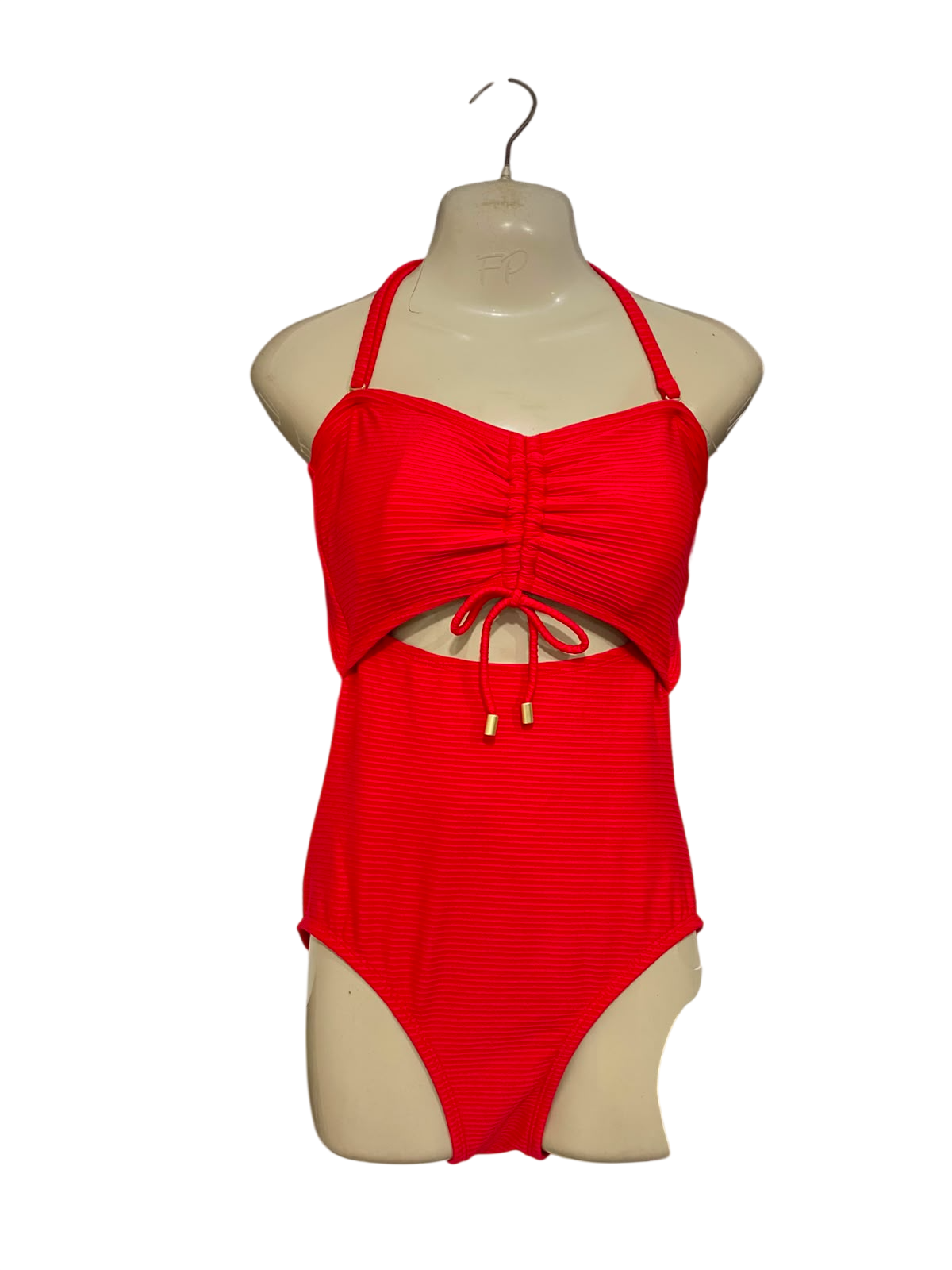 TIME TRU |S| BUST 14| A39| VIBRANT RED RIBBED CUT-OUT HALTER ONE-PIECE SWIMSUIT