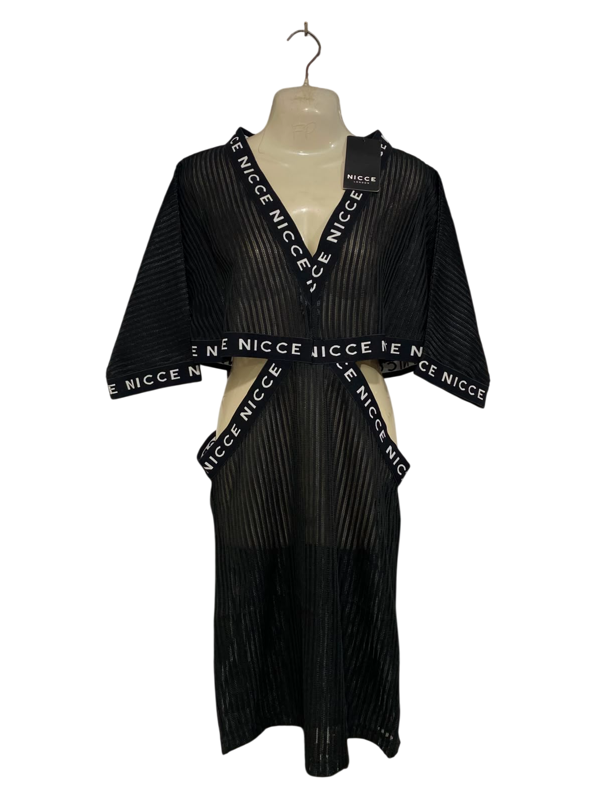 NICCE |M| BUST FREE| A39| BLACK BRANDED STRAP MESH OVERLAY MIDI DRESS