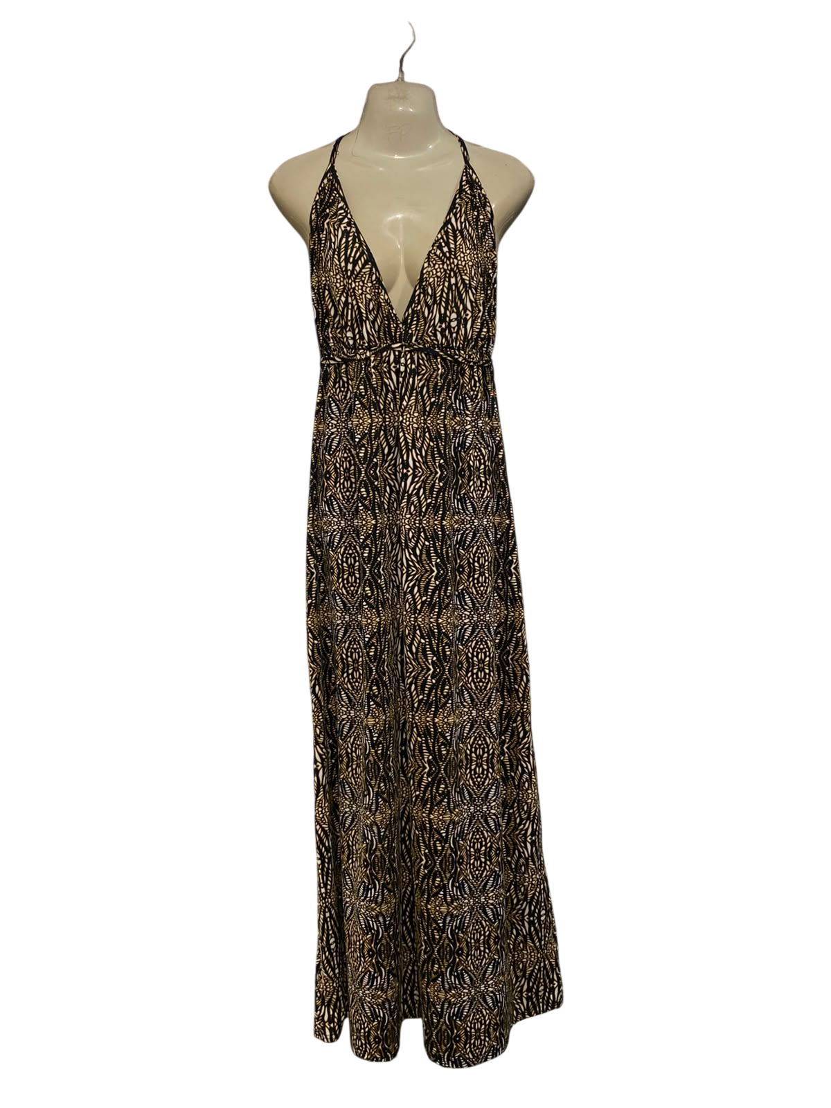JANE NORMAN |S| BUST 15| A39| BLACK & GOLD ABSTRACT GEOMETRIC HALTER MAXI DRESS