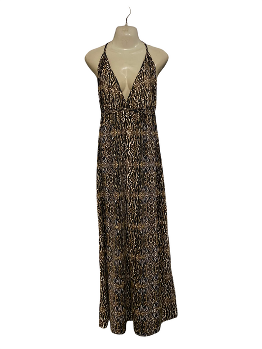 JANE NORMAN |S| BUST 15| A39| BLACK & GOLD ABSTRACT GEOMETRIC HALTER MAXI DRESS