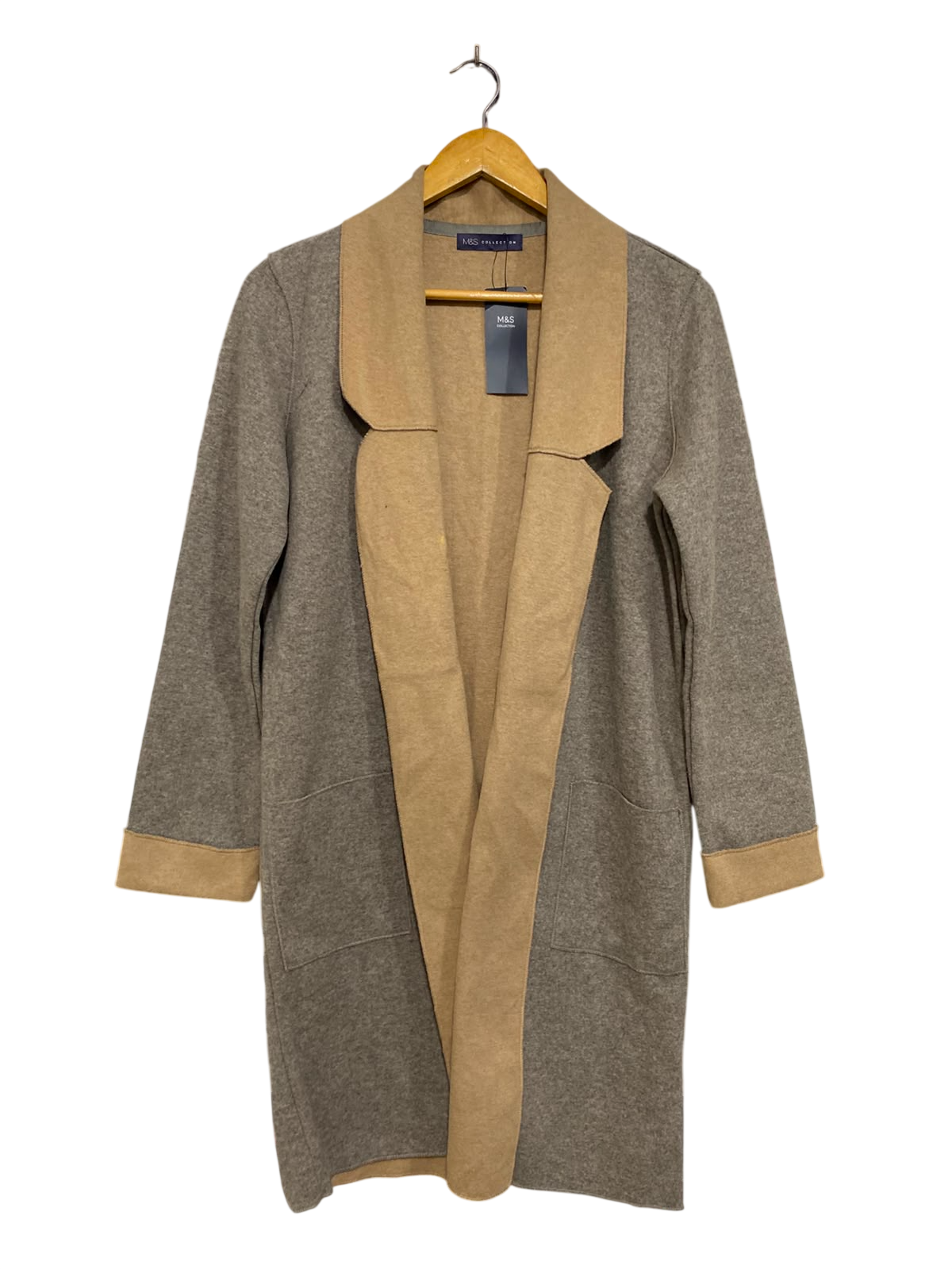 M&S |M| BUST 19| A39| GREY & CAMEL COLORBLOCK OPEN-FRONT LONG CARDIGAN COAT