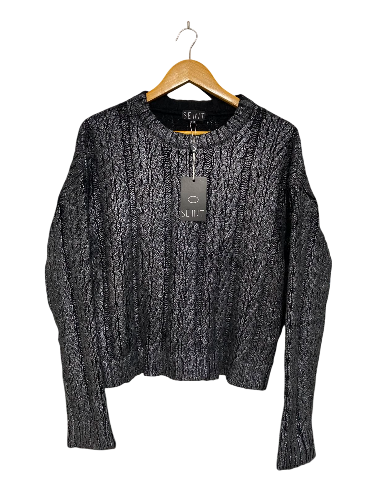 SEINT |M| BUST 22| A39| METALLIC GREY CABLE-KNIT CREWNECK SWEATER