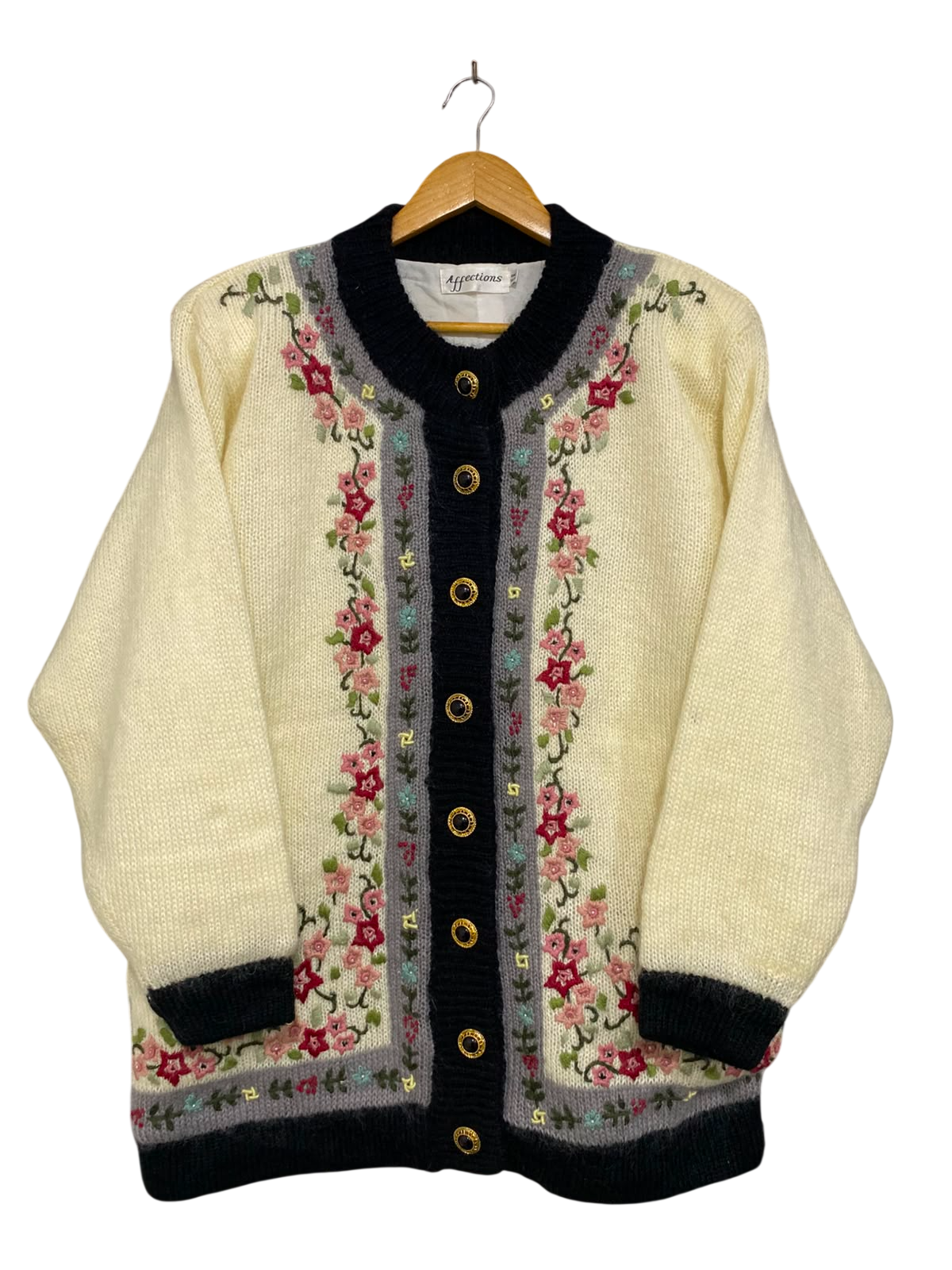 AFFECTIONS |M| BUST 23| A39| CREAM & BLACK FLORAL EMBROIDERED VINTAGE CARDIGAN