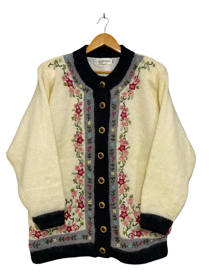 AFFECTIONS |M| BUST 23| A39| CREAM & BLACK FLORAL EMBROIDERED VINTAGE CARDIGAN