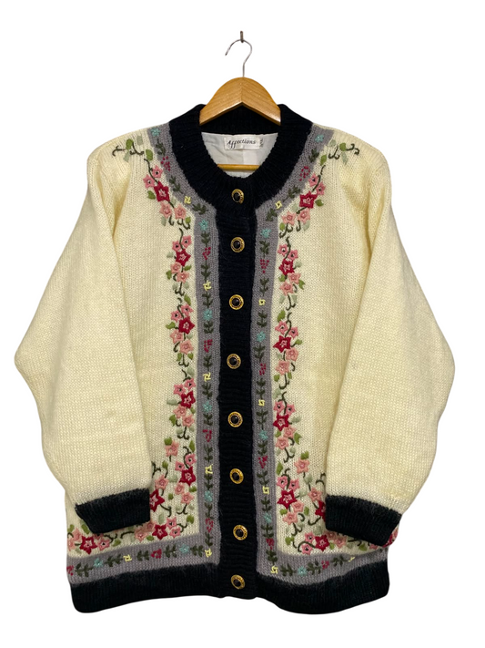 AFFECTIONS |M| BUST 23| A39| CREAM & BLACK FLORAL EMBROIDERED VINTAGE CARDIGAN