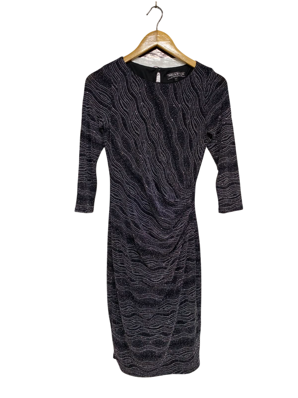 DOROTHY PERKINS |S| BUST 14| A39| BLACK METALLIC SHIMMER WAVY RUFFLED MIDI DRESS