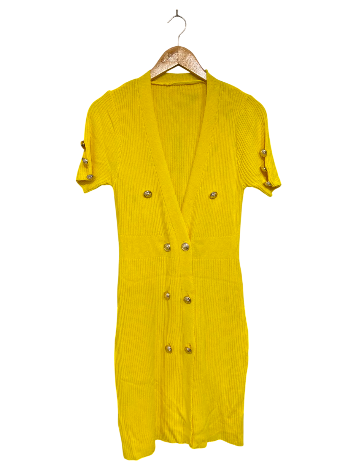 |XS| BUST 13| A39| BRIGHT YELLOW DOUBLE-BREASTED SHORT-SLEEVE RIBBED KNIT DRESS