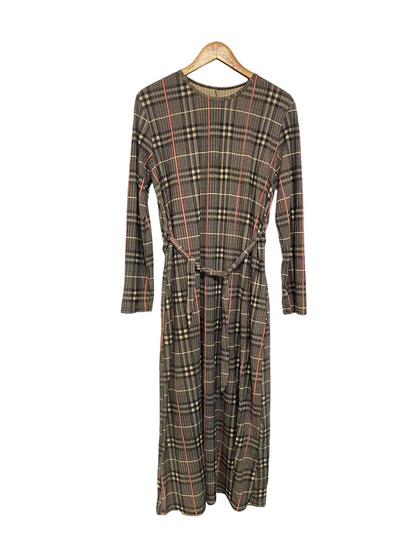 |M/L| BUST 19| A39| BROWN & TAREN PLAID LONG-SLEEVE TIE-WAIST MIDI DRESS