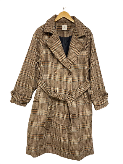 TU WOMAN |L| BUST 21| A39| BROWN & BLACK PLAID TRENCH COAT WITH BELT