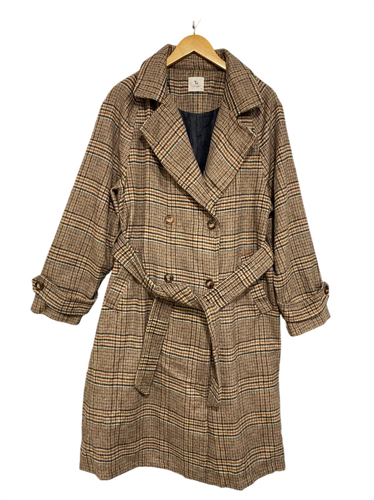 TU WOMAN |L| BUST 21| A39| BROWN & BLACK PLAID TRENCH COAT WITH BELT