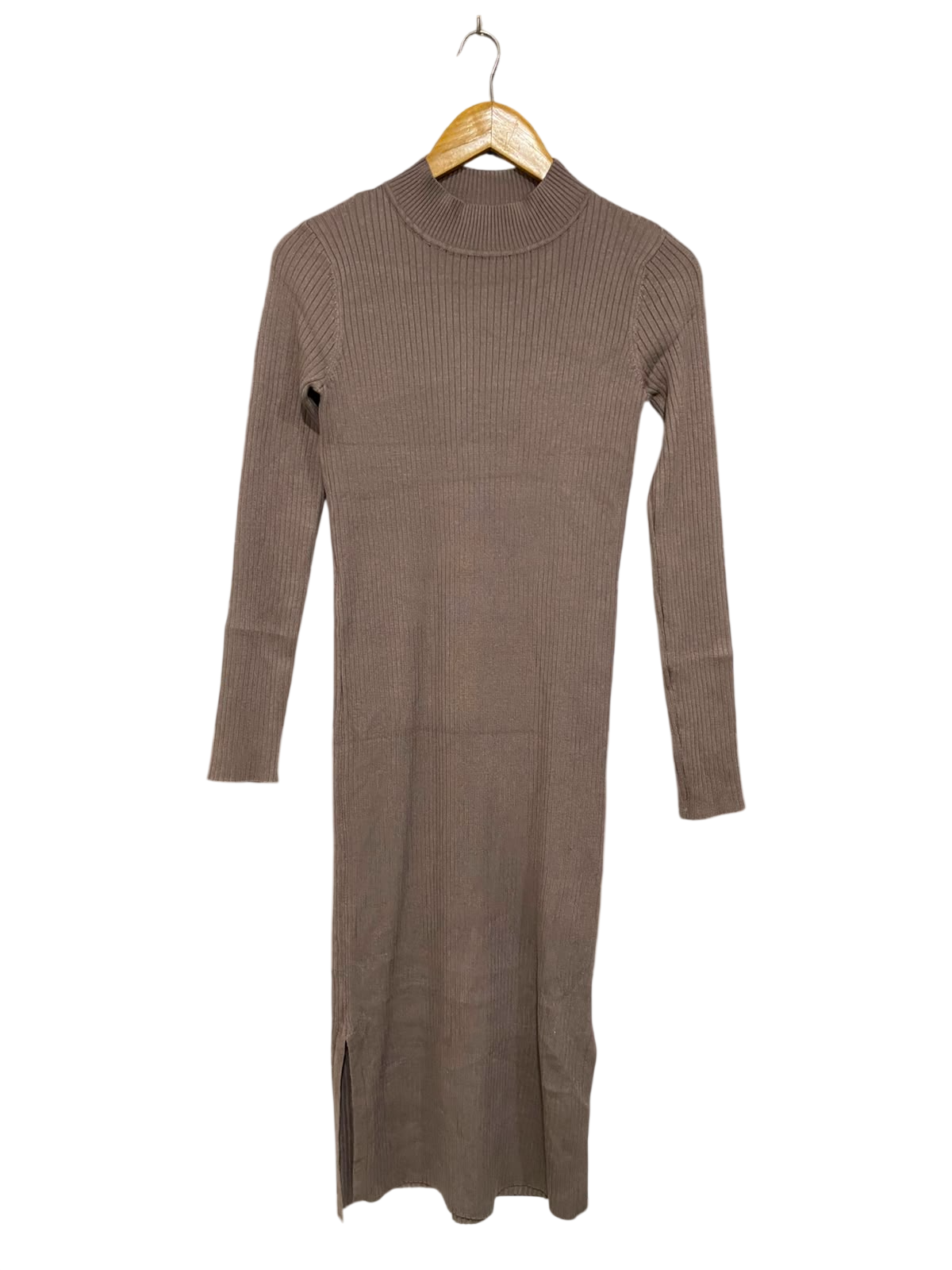 NEW LOOK |M| BUST 14| A39| TAUPE MOCK-NECK RIBBED KNIT MIDI DRESS