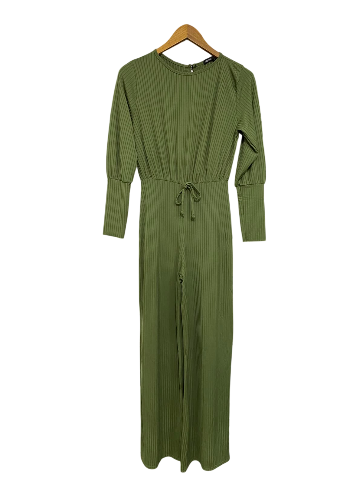 BOOHOO |M| BUST 16| A39| OLIVE GREEN RIBBED LONG-SLEVE TIE-WAIST JUMPSUIT