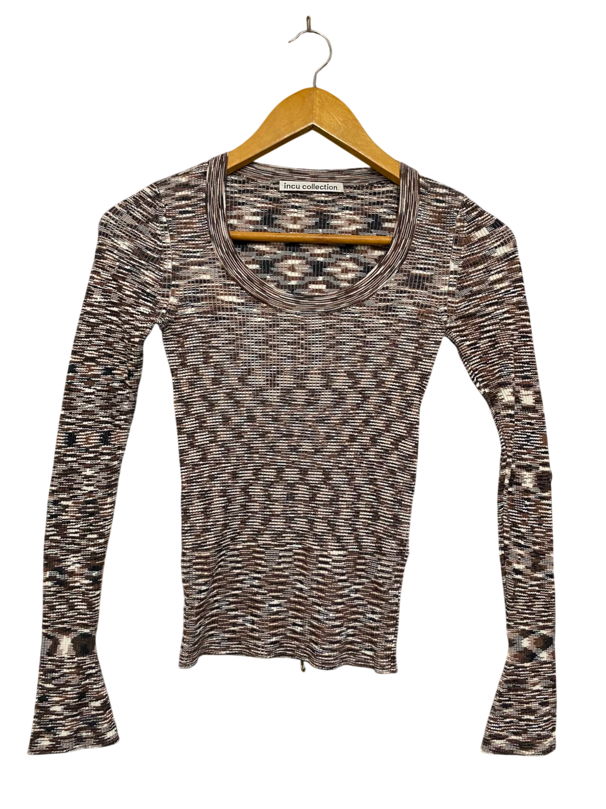 INCU COLLECTION |XS| BUST 12| A39| BROWN & CREAM PATTERNED LONG-SLEEVE RIBBED KNIT TOP