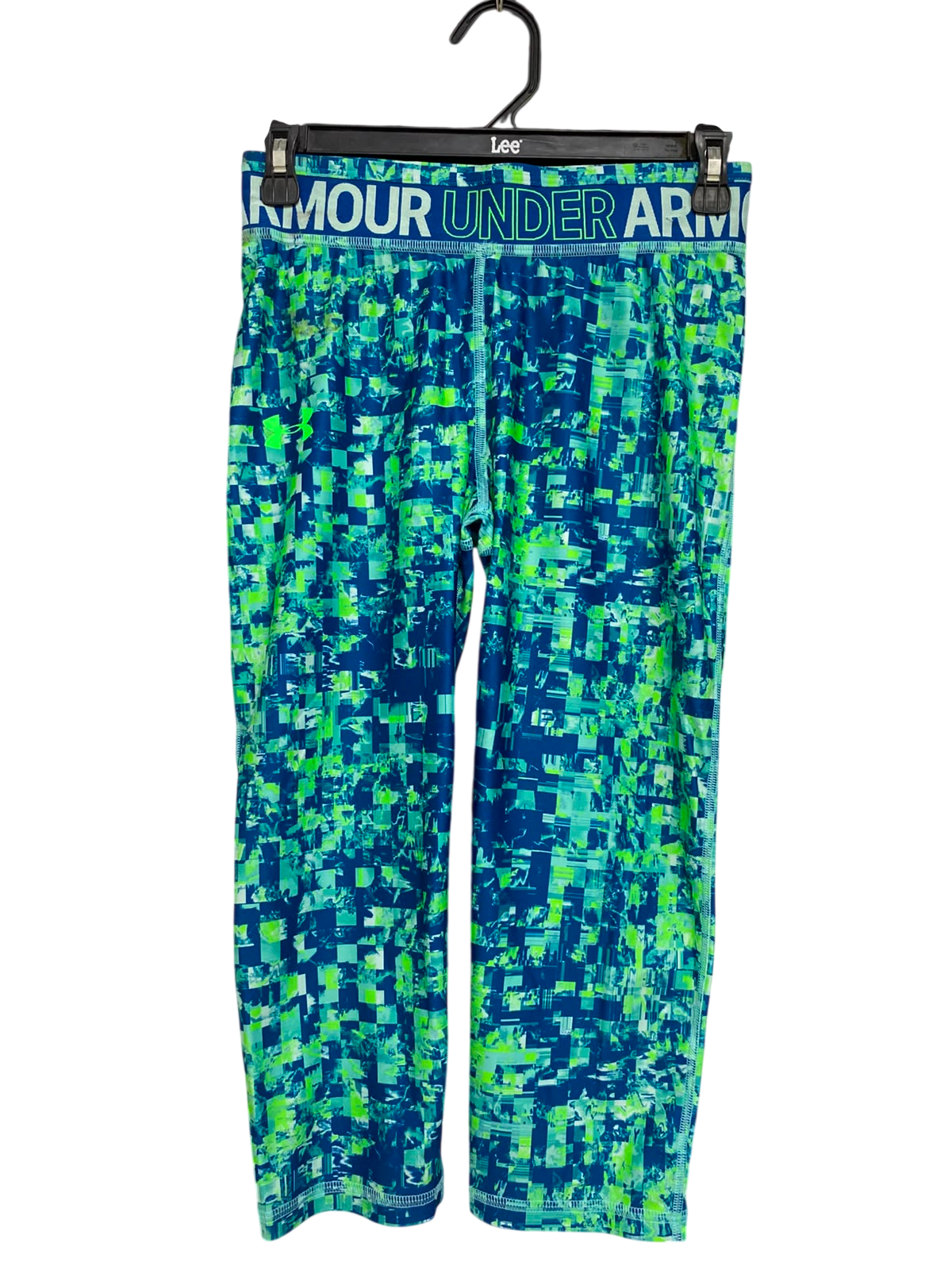 UNDER ARMOUR |S| WAIST 26| A39| BLUE & NEON GREEN DIGITAL CAMO PERFORMANCE CROPPED LEGGINGS