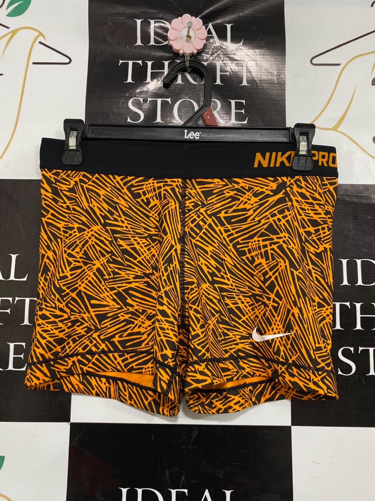NIKE |L| WAIST 28| A39| BLACK & ORANGE ABSTRACT SKETCH ATHLETIC BIKER SHORTS