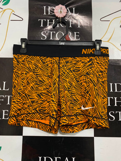 NIKE |L| WAIST 28| A39| BLACK & ORANGE ABSTRACT SKETCH ATHLETIC BIKER SHORTS