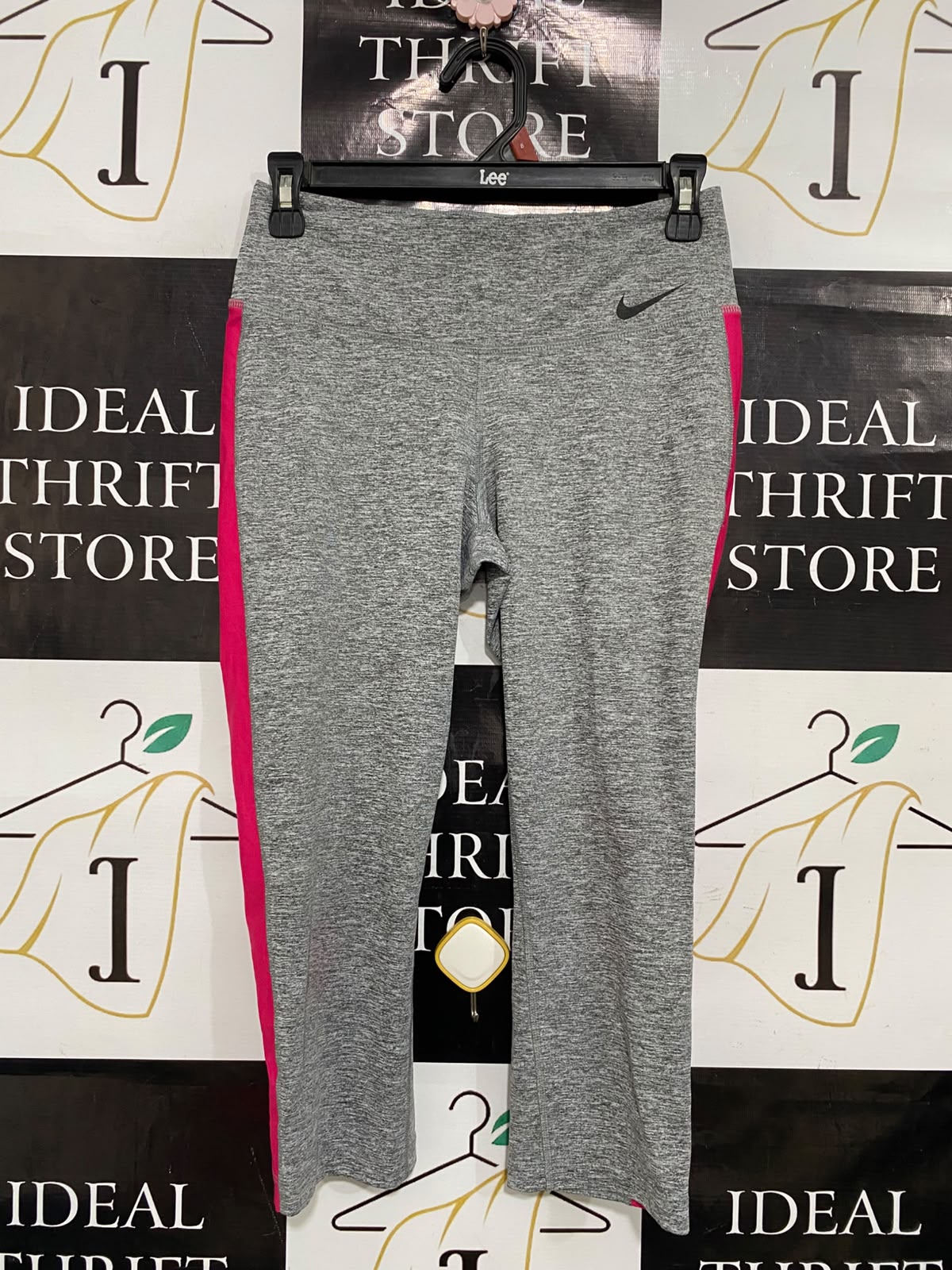 NIKE |S| WAIST 24| A39| HEATHER GREY & HOT PINK SIDE-STRIPE CROPPED ATHLETIC LEGGINGS