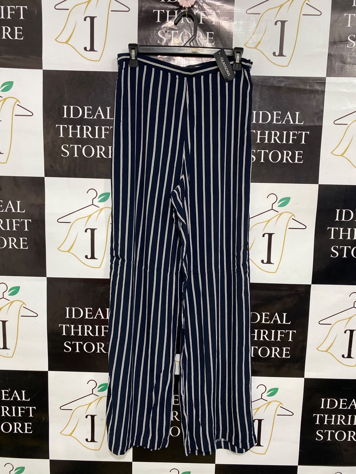 GLASSONS |M| WAIST 30| A39| NAVY BLUE & WHITE PINSTRIPE WIDE-LEG TROUSERS