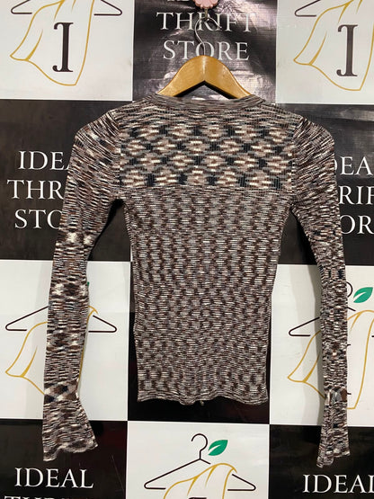 INCU COLLECTION |XS| BUST 12| A39| BROWN & CREAM PATTERNED LONG-SLEEVE RIBBED KNIT TOP