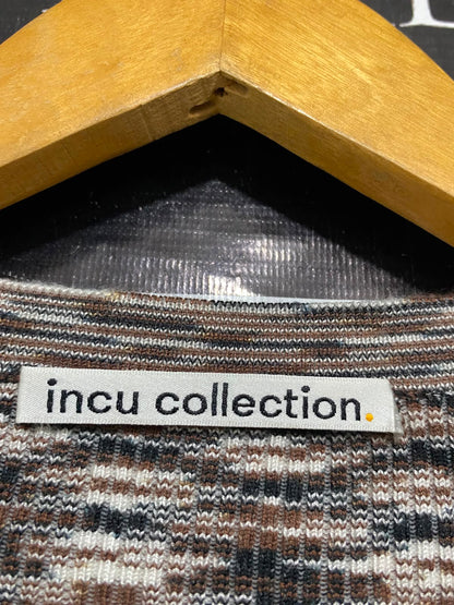 INCU COLLECTION |XS| BUST 12| A39| BROWN & CREAM PATTERNED LONG-SLEEVE RIBBED KNIT TOP