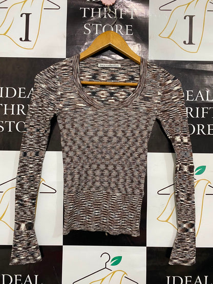 INCU COLLECTION |XS| BUST 12| A39| BROWN & CREAM PATTERNED LONG-SLEEVE RIBBED KNIT TOP