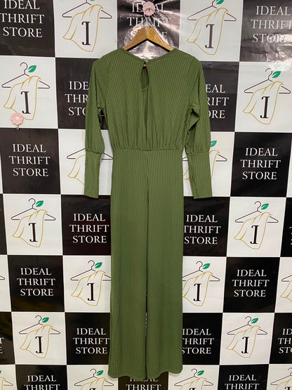 BOOHOO |M| BUST 16| A39| OLIVE GREEN RIBBED LONG-SLEVE TIE-WAIST JUMPSUIT