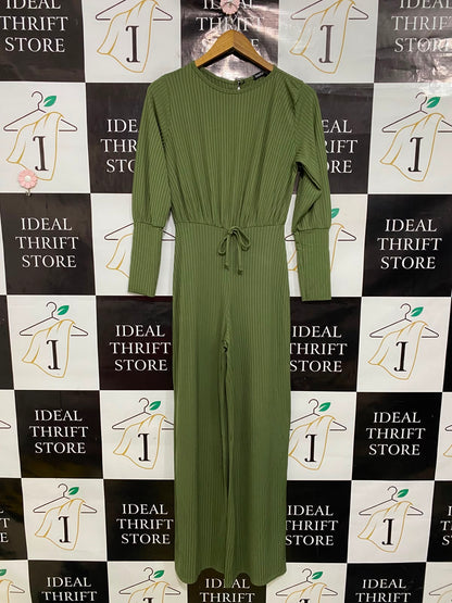 BOOHOO |M| BUST 16| A39| OLIVE GREEN RIBBED LONG-SLEVE TIE-WAIST JUMPSUIT