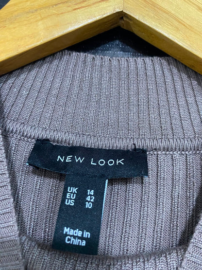 NEW LOOK |M| BUST 14| A39| TAUPE MOCK-NECK RIBBED KNIT MIDI DRESS