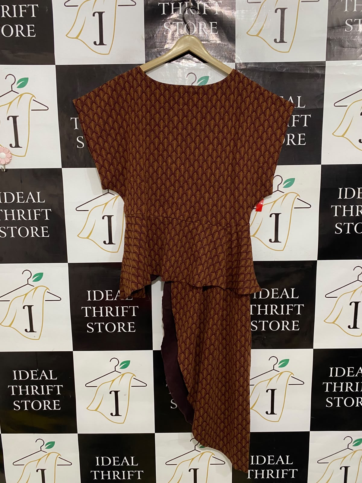 ZARA |L| BUST FREE| A39| RUST & MUSTARD GEOMETRIC PATTERNED ASYMMETRICAL DRAPE PEPLUM TOP