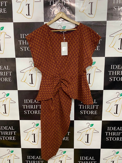 ZARA |L| BUST FREE| A39| RUST & MUSTARD GEOMETRIC PATTERNED ASYMMETRICAL DRAPE PEPLUM TOP