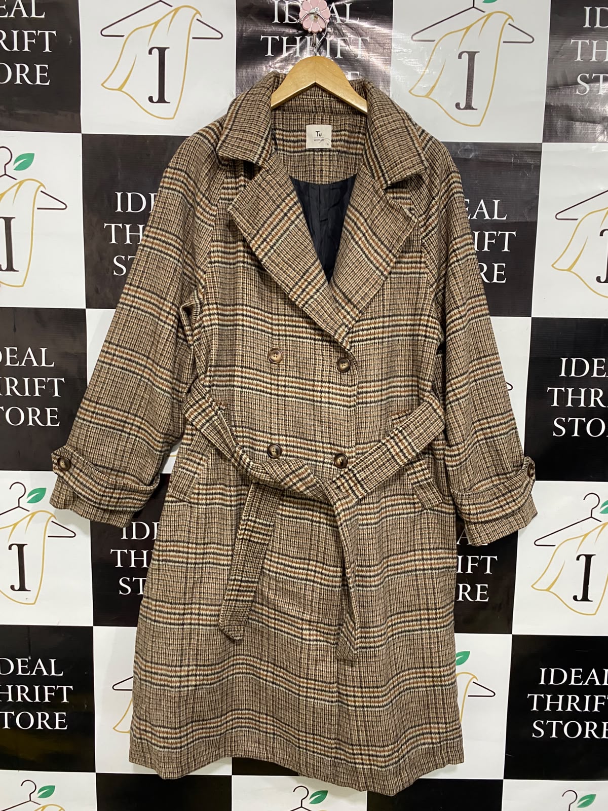 TU WOMAN |L| BUST 21| A39| BROWN & BLACK PLAID TRENCH COAT WITH BELT
