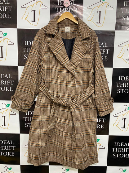 TU WOMAN |L| BUST 21| A39| BROWN & BLACK PLAID TRENCH COAT WITH BELT
