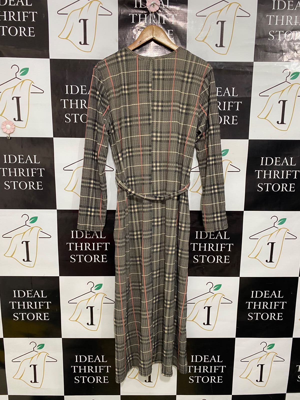 |M/L| BUST 19| A39| BROWN & TAREN PLAID LONG-SLEEVE TIE-WAIST MIDI DRESS