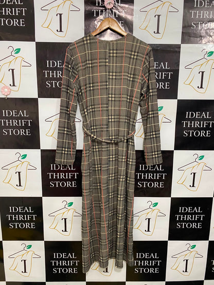 |M/L| BUST 19| A39| BROWN & TAREN PLAID LONG-SLEEVE TIE-WAIST MIDI DRESS