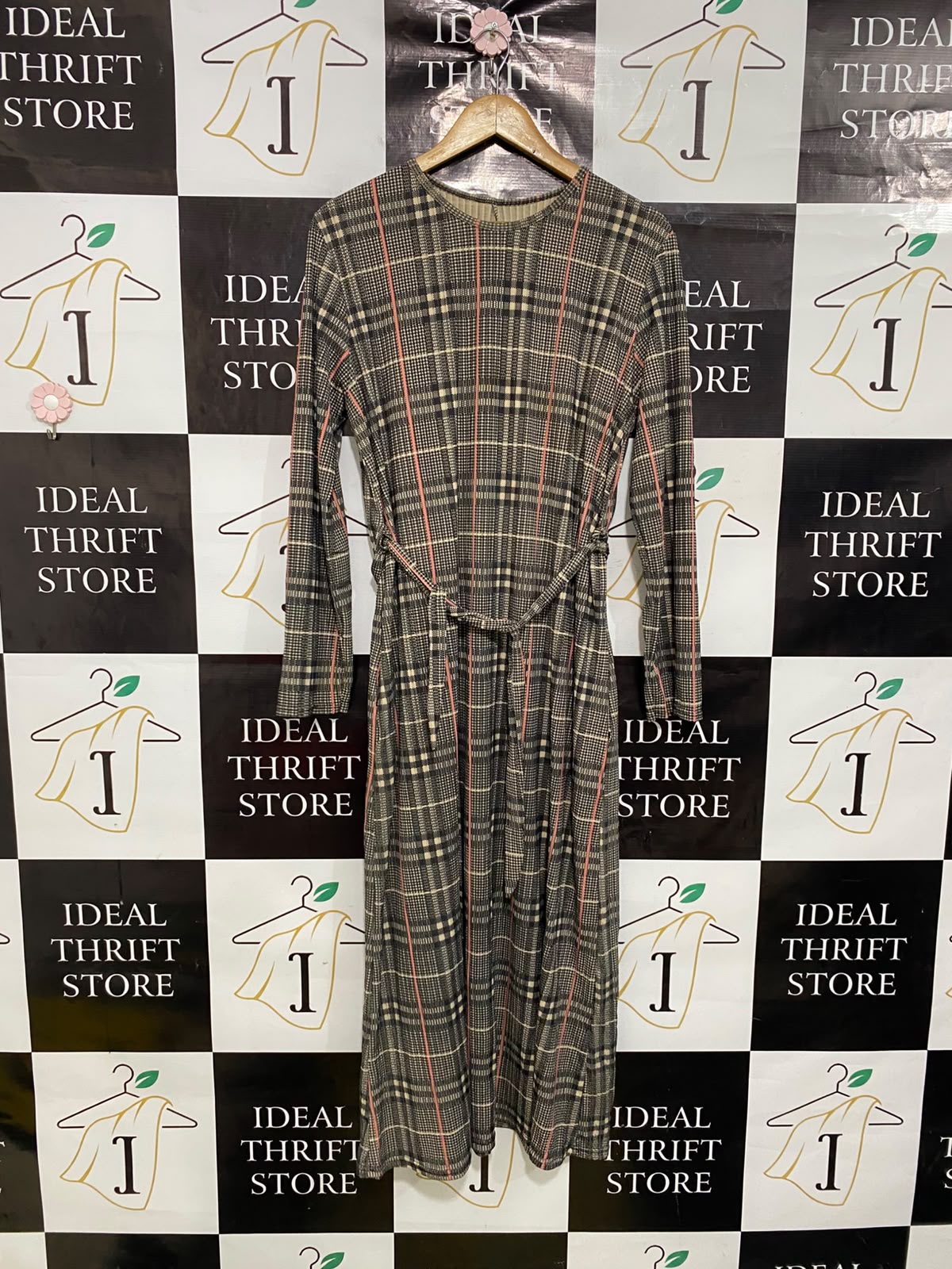 |M/L| BUST 19| A39| BROWN & TAREN PLAID LONG-SLEEVE TIE-WAIST MIDI DRESS