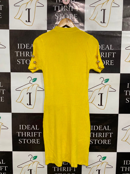 |XS| BUST 13| A39| BRIGHT YELLOW DOUBLE-BREASTED SHORT-SLEEVE RIBBED KNIT DRESS