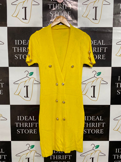 |XS| BUST 13| A39| BRIGHT YELLOW DOUBLE-BREASTED SHORT-SLEEVE RIBBED KNIT DRESS