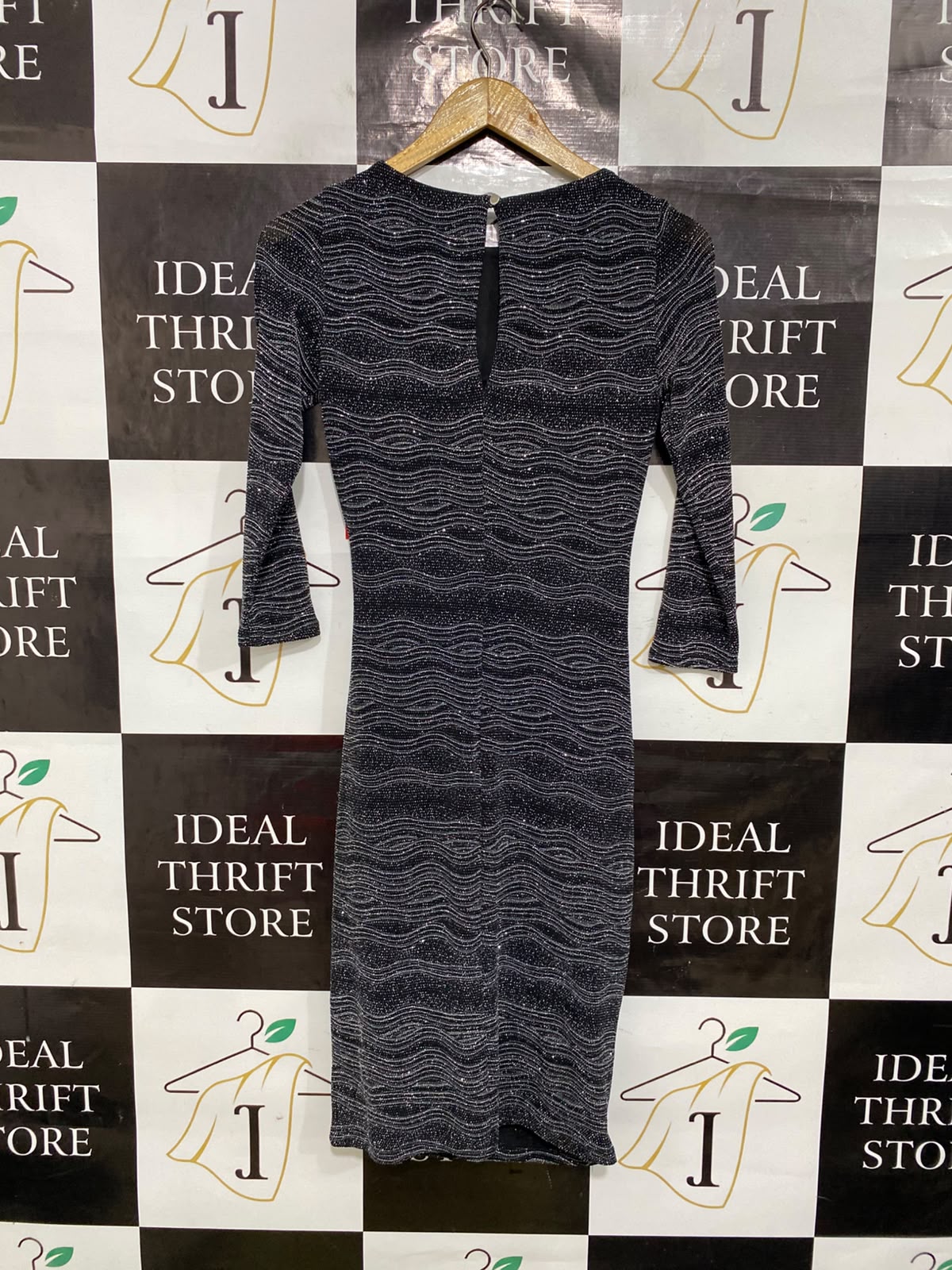 DOROTHY PERKINS |S| BUST 14| A39| BLACK METALLIC SHIMMER WAVY RUFFLED MIDI DRESS