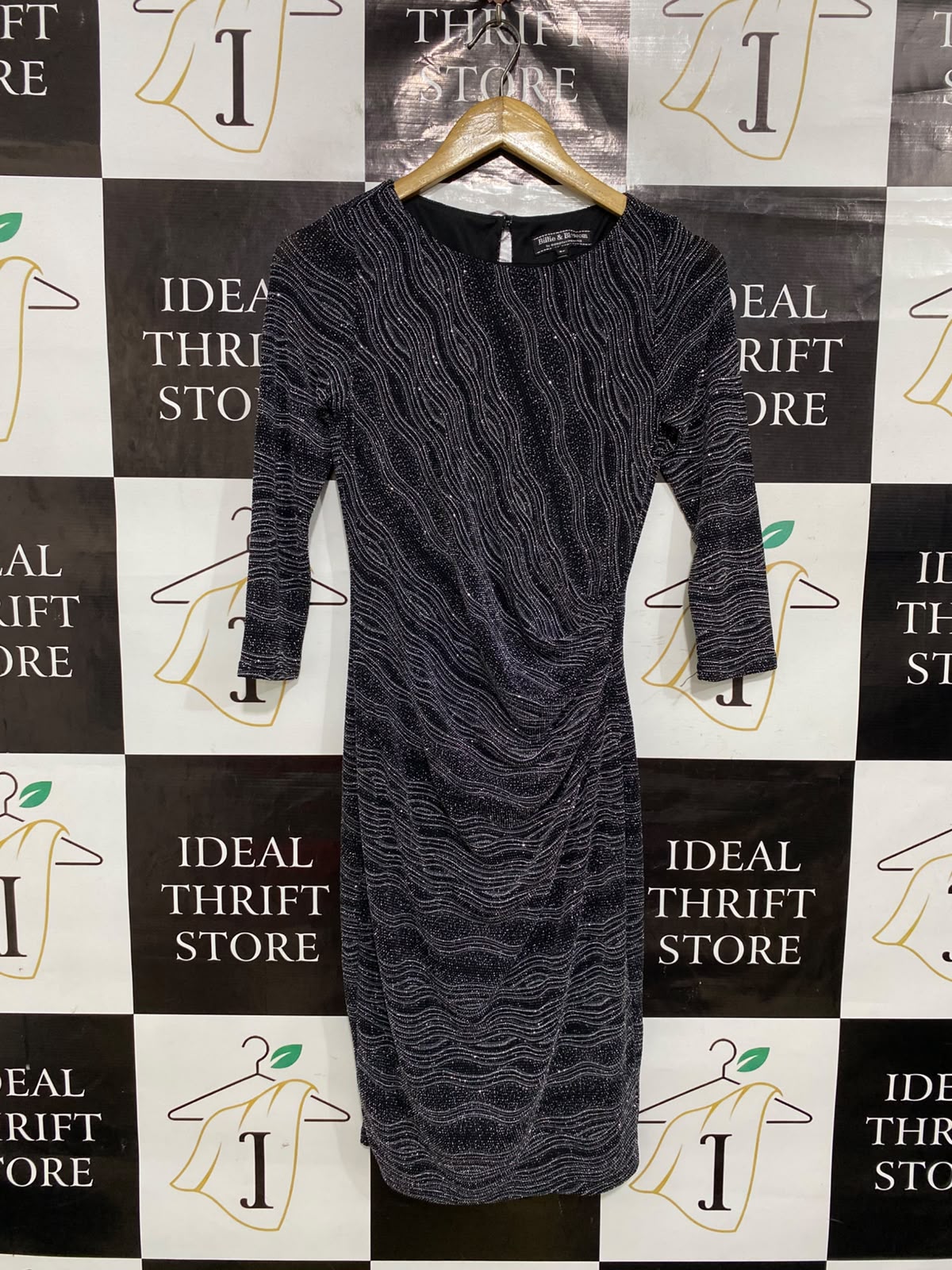 DOROTHY PERKINS |S| BUST 14| A39| BLACK METALLIC SHIMMER WAVY RUFFLED MIDI DRESS