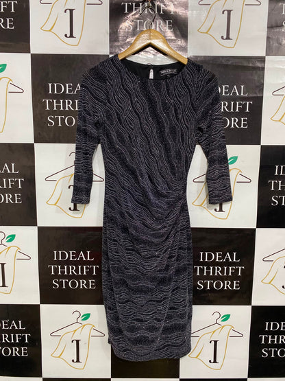 DOROTHY PERKINS |S| BUST 14| A39| BLACK METALLIC SHIMMER WAVY RUFFLED MIDI DRESS
