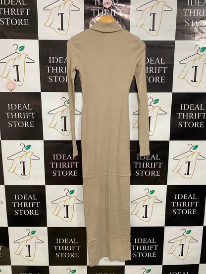 BOOHOO |S| BUST 14| A39| BEIGE TURTLENECK RIBBED KNIT MAXI DRESS