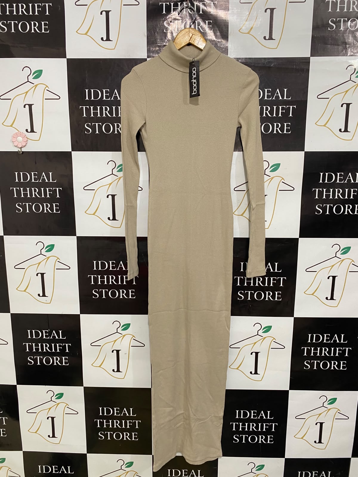 BOOHOO |S| BUST 14| A39| BEIGE TURTLENECK RIBBED KNIT MAXI DRESS
