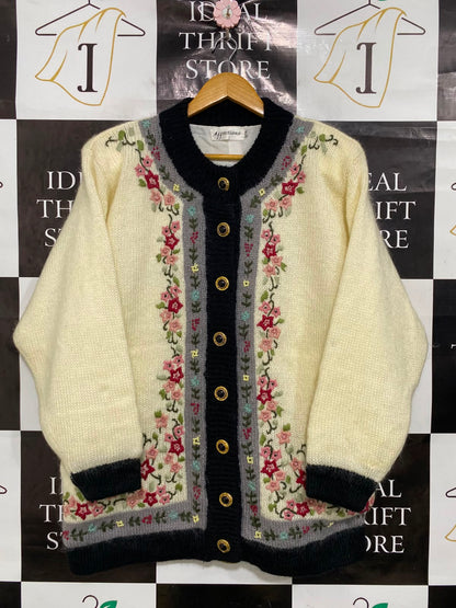 AFFECTIONS |M| BUST 23| A39| CREAM & BLACK FLORAL EMBROIDERED VINTAGE CARDIGAN