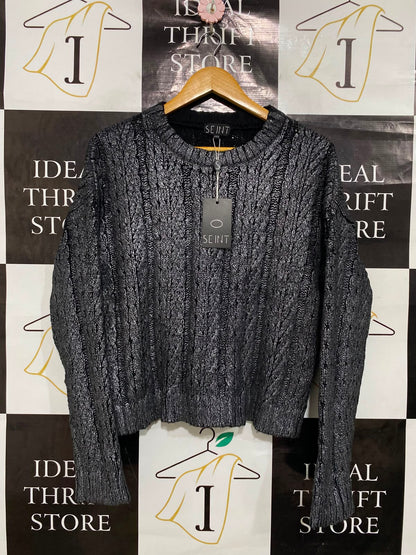 SEINT |M| BUST 22| A39| METALLIC GREY CABLE-KNIT CREWNECK SWEATER