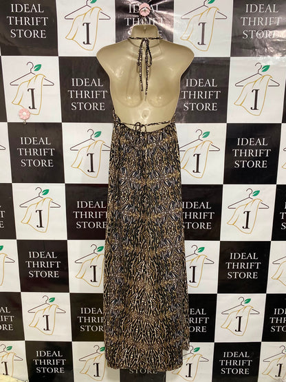 JANE NORMAN |S| BUST 15| A39| BLACK & GOLD ABSTRACT GEOMETRIC HALTER MAXI DRESS