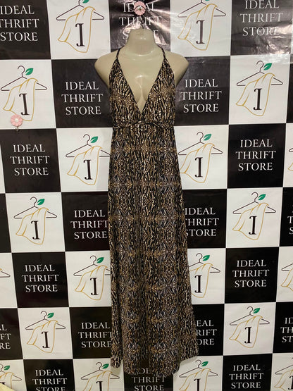JANE NORMAN |S| BUST 15| A39| BLACK & GOLD ABSTRACT GEOMETRIC HALTER MAXI DRESS